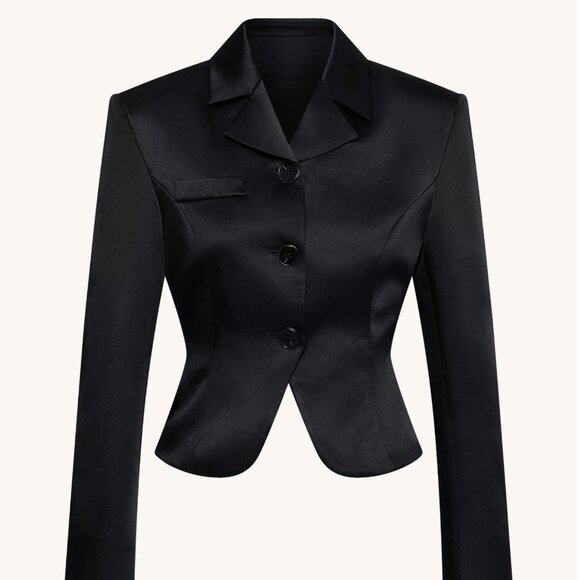 JW Pei Satin Sculpted Waist Cropped Blazer - Black - Picture 2 of 3